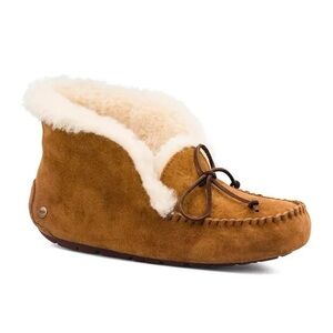 UGG Alena Chestnut Suede Sheepskin Cuff Moccasins Slippers Size 9